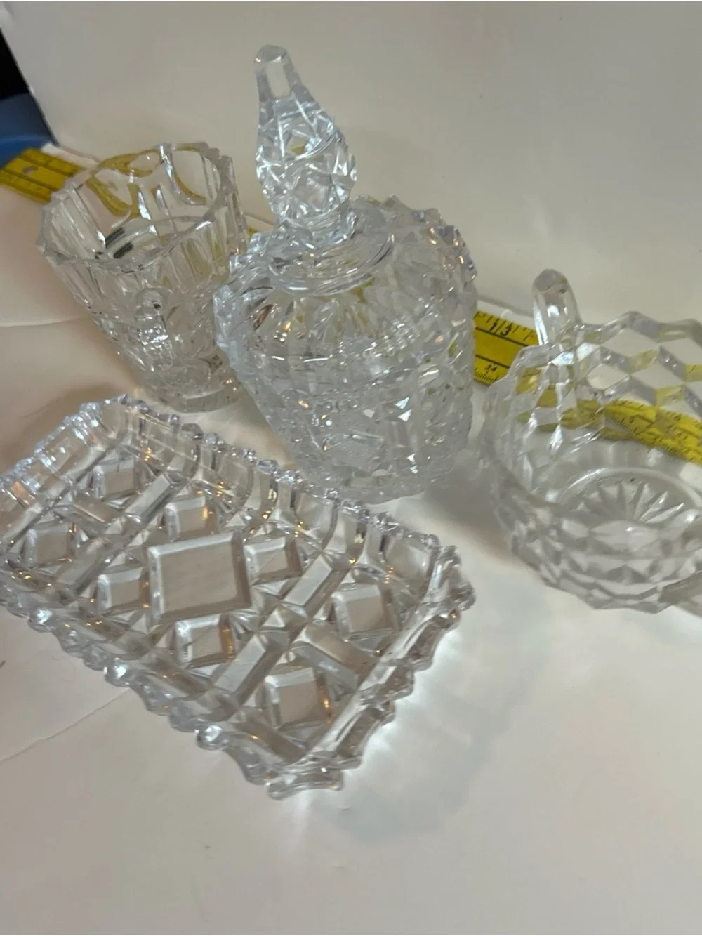 American Brilliant Elegant Cut Glass Creamer, Sugar bowl with Lid, and Tray